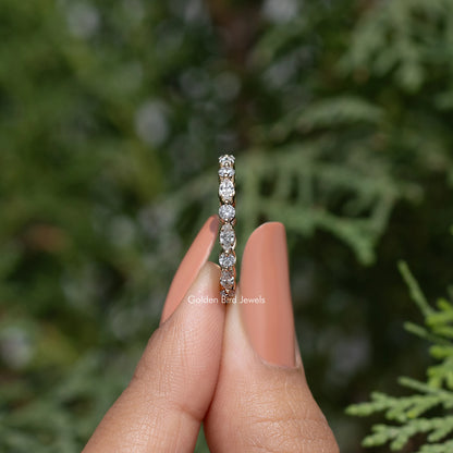 Lab-grown diamond wedding band with marquise-and-round stones, upright detail