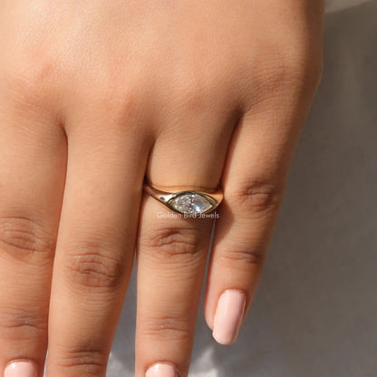 view of moissanite engagement ring in marquise shape