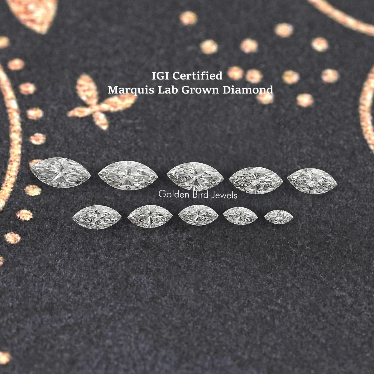 IGI certified marquise-cut lab-grown diamonds, two rows of marquise stones on dark