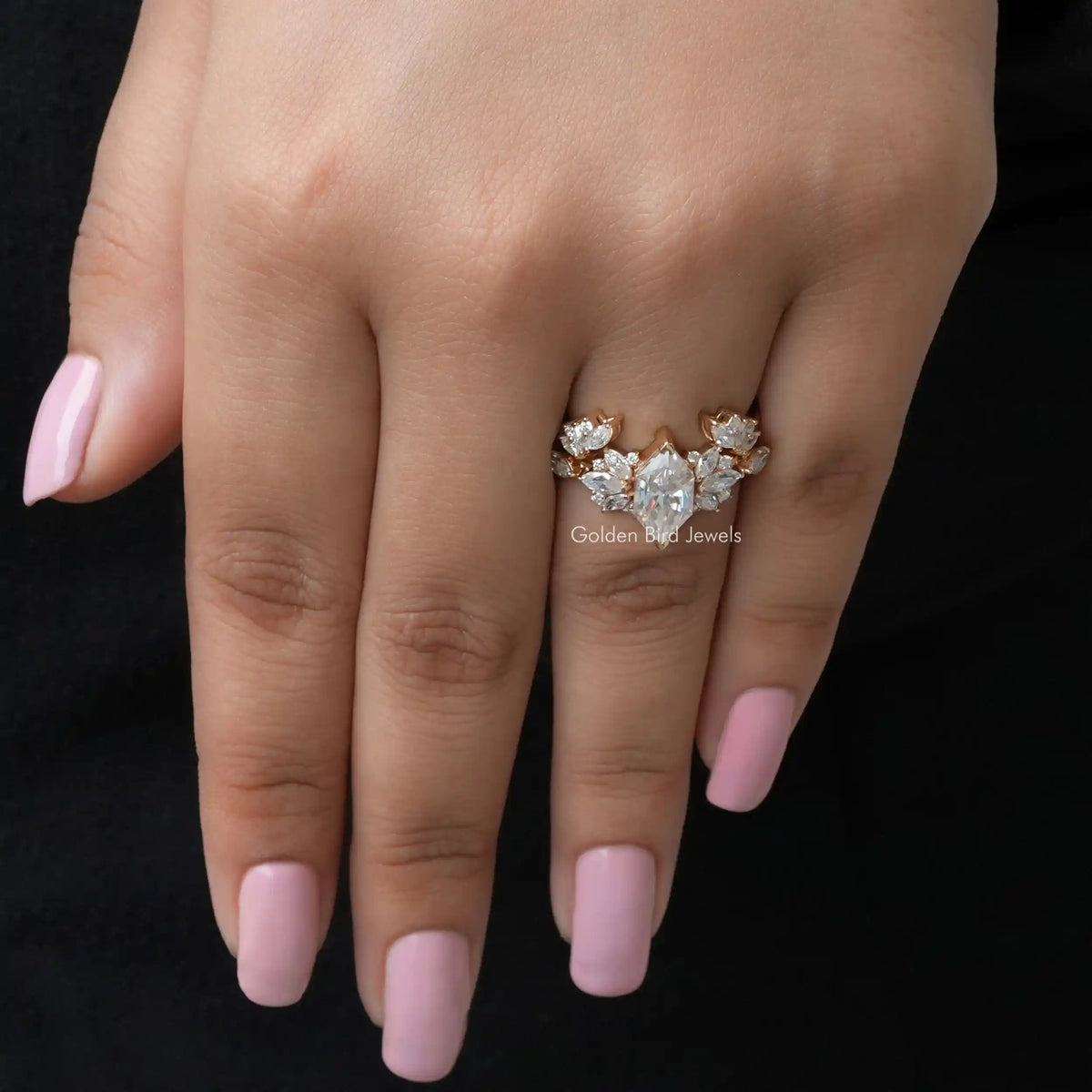 Close-Up View of Marquise Cut Moissanite Ring Set In Yellow Gold