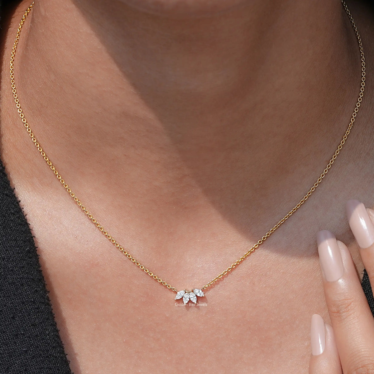 View of Marquise Cut Diamond Flower Petal Pendant In Yellow Gold