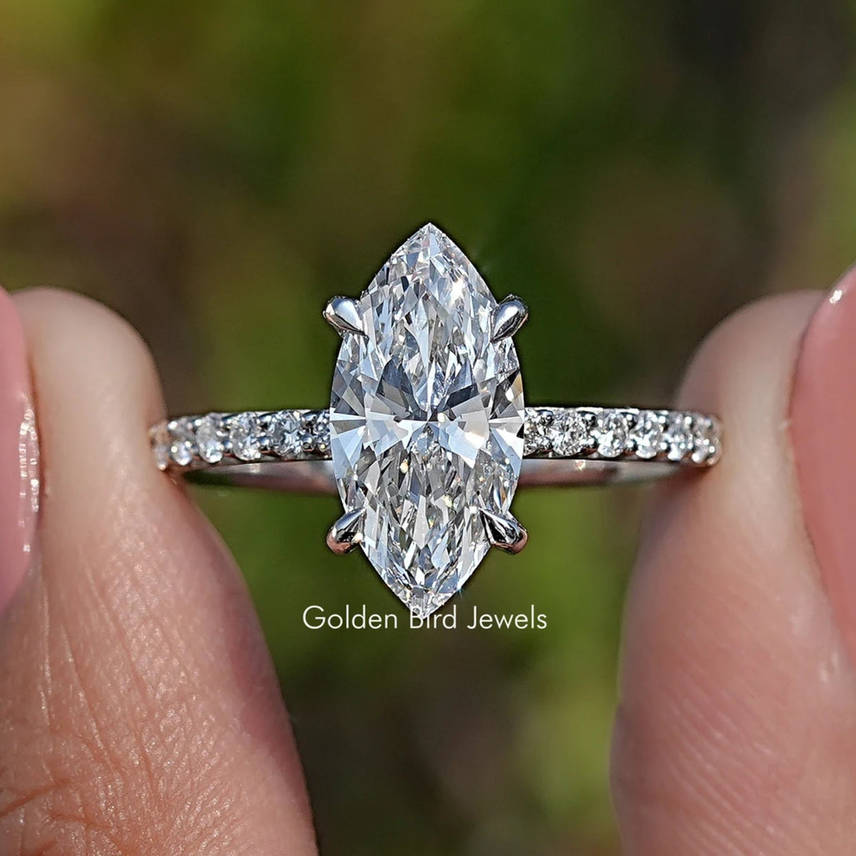 Front View of Marquise Cut Lab Diamond Accent Ring
