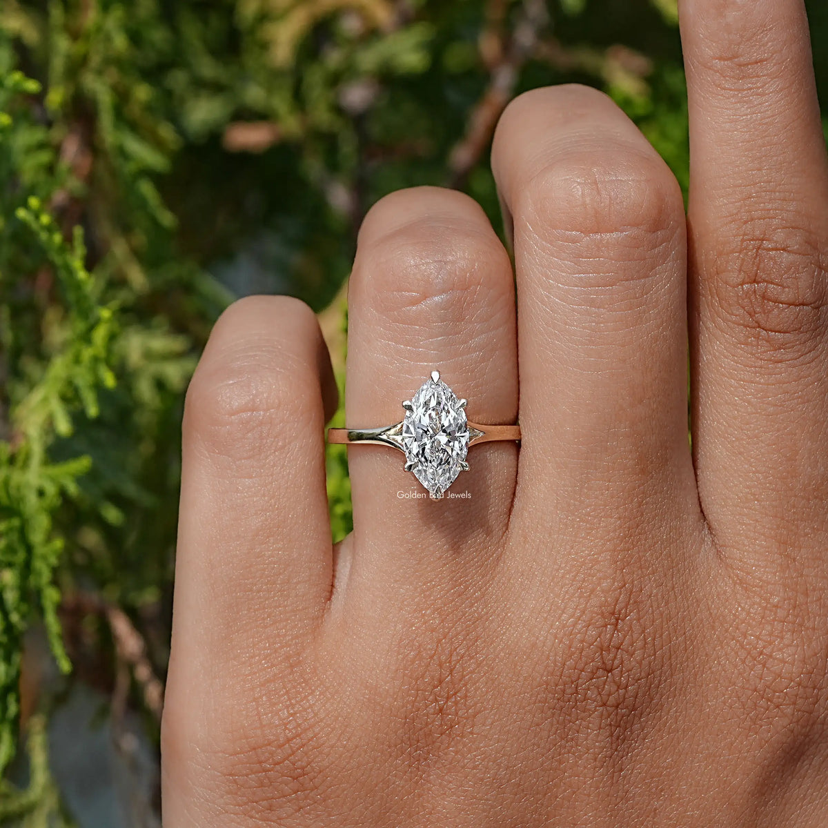 View of Marquise Cut Lab Diamond Engagement Ring In Yellow Gold