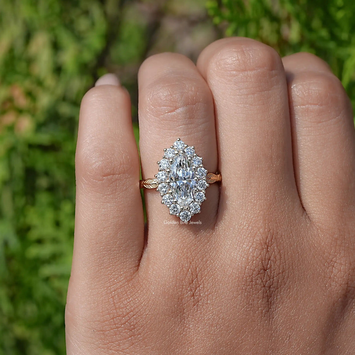 Detailed View of Marquise Cut Lab Diamond Halo Ring In Yellow Gold