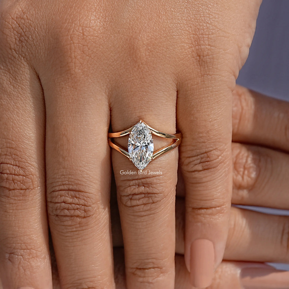 Detailed View Of Split Shank Marquise Cut Lab Diamond Ring
