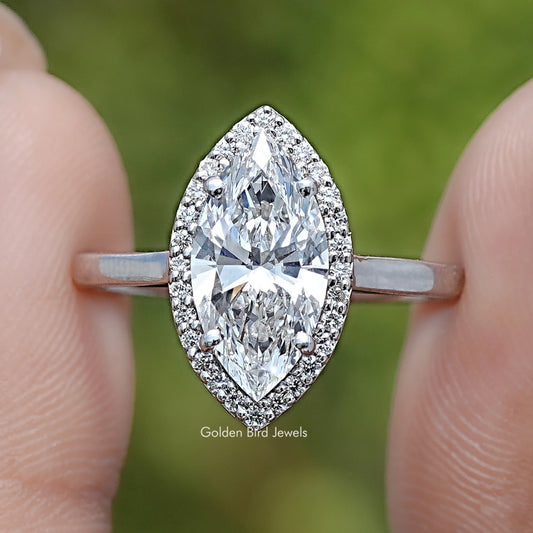 Front View of Marquise Cut Lab Diamond Halo Engagement Ring