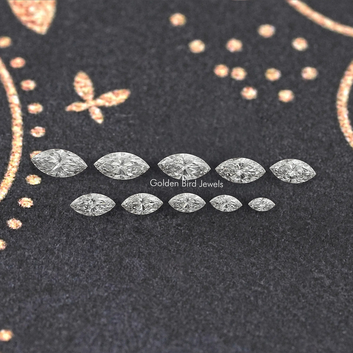 Marquise-cut lab-grown diamonds, two rows of oval marquise stones on dark display
