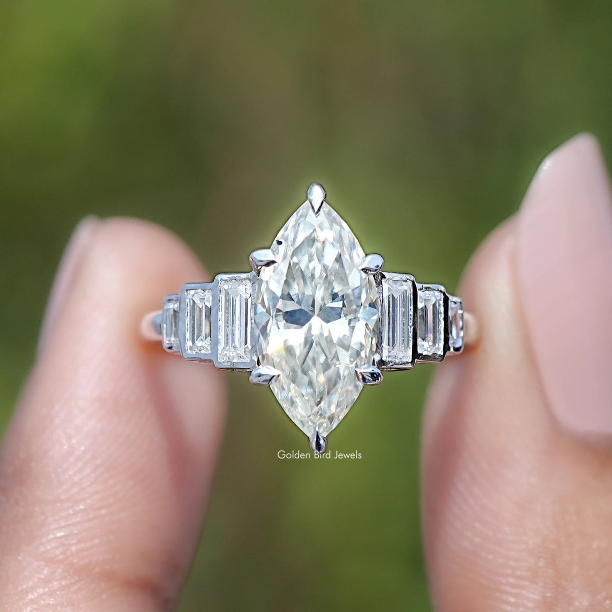 Front view of Marquise Cut Moissanite Accent Stone Ring