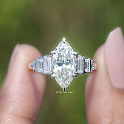 Front view of Marquise Cut Moissanite Accent Stone Ring