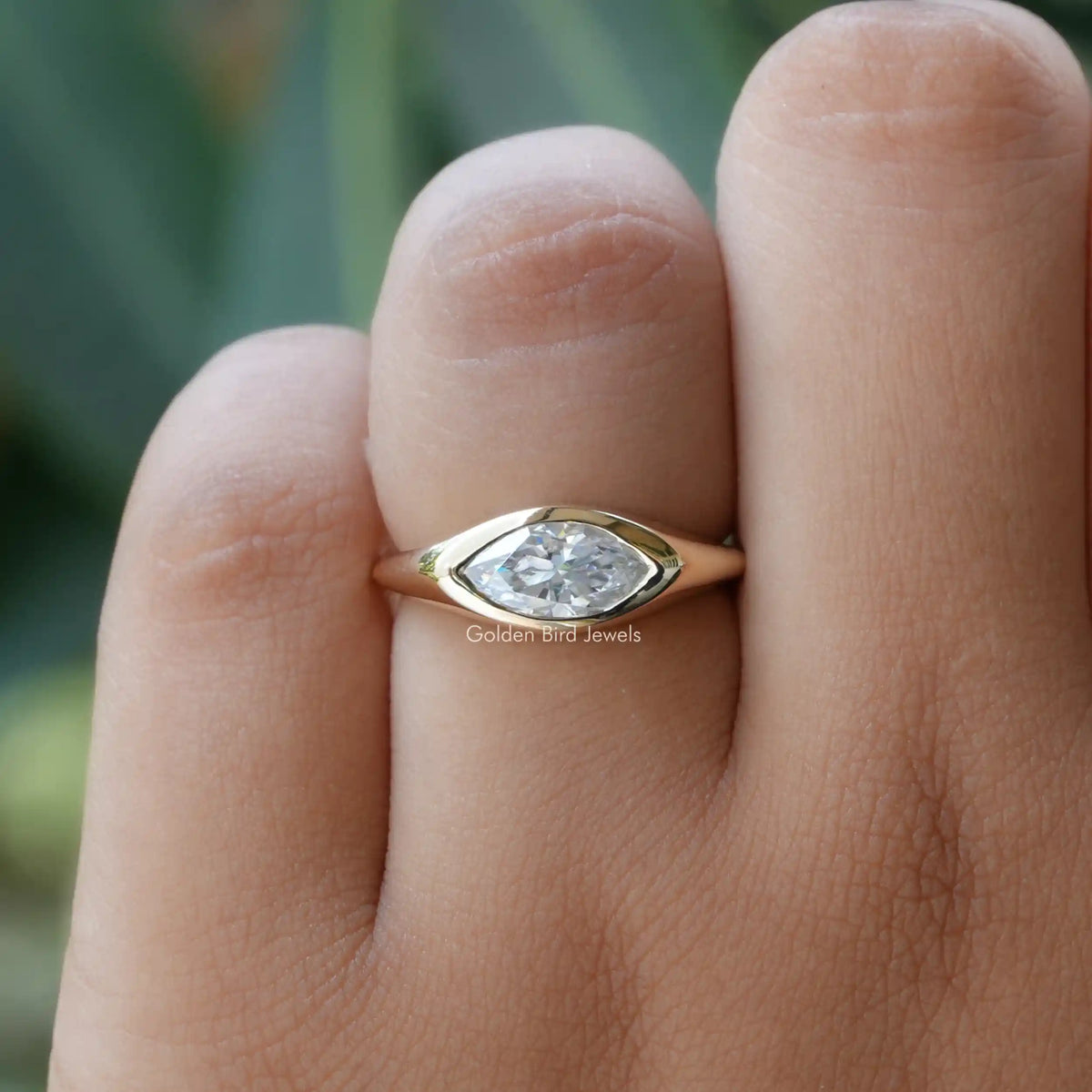 Close view of marquise cut moissanite  ring 