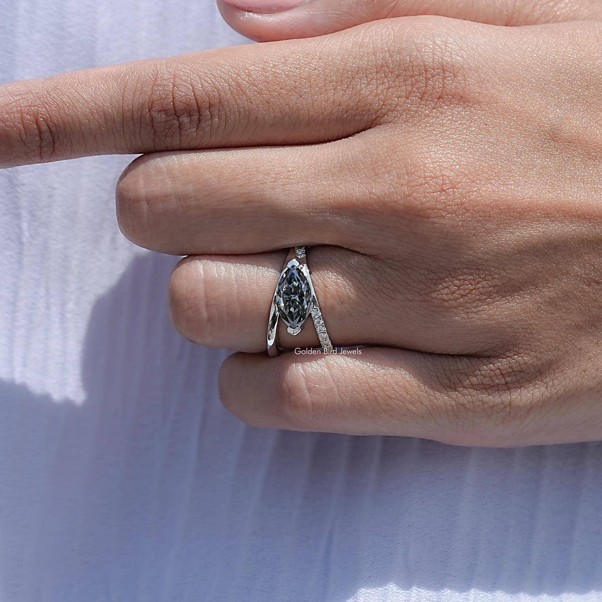 Close View Of Split Shank Marquise Moissanite Ring