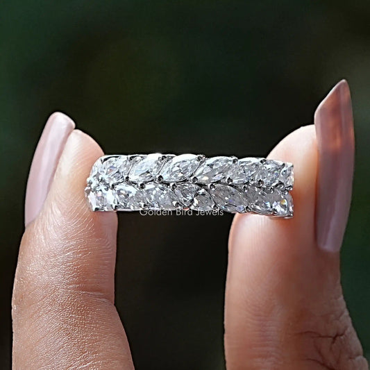 Silver-tone marquise-cut moissanite band with row of stones, top view