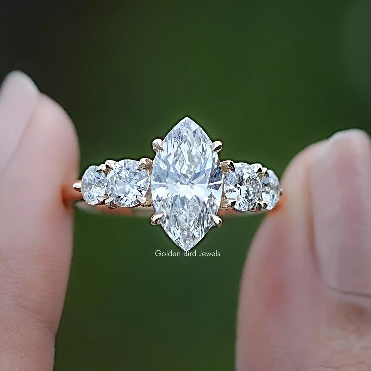 Marquise Lab Diamond Five Stone Engagement Ring in Two Fingers