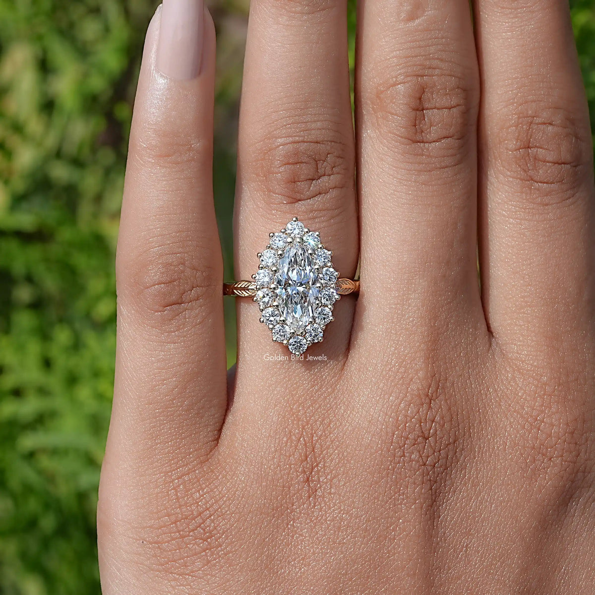 View of Marquise Lab Diamond Halo Engagement Ring In Finger