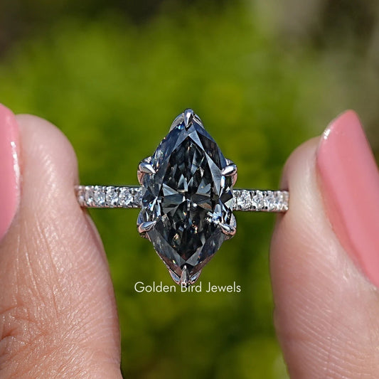 Front View of Gray Marquise Moissanite Accent Stone Ring
