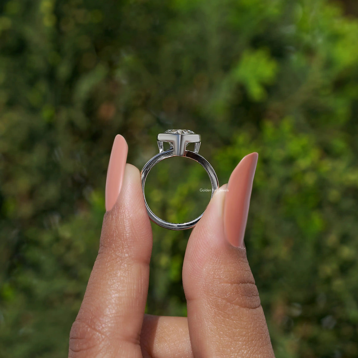 Marquise diamond ring back view with open split shank under the marquise setting