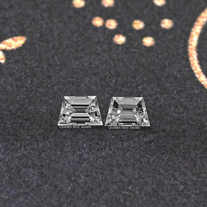 Trapezoid step-cut lab diamond stud earrings pair, two mirrored square facets