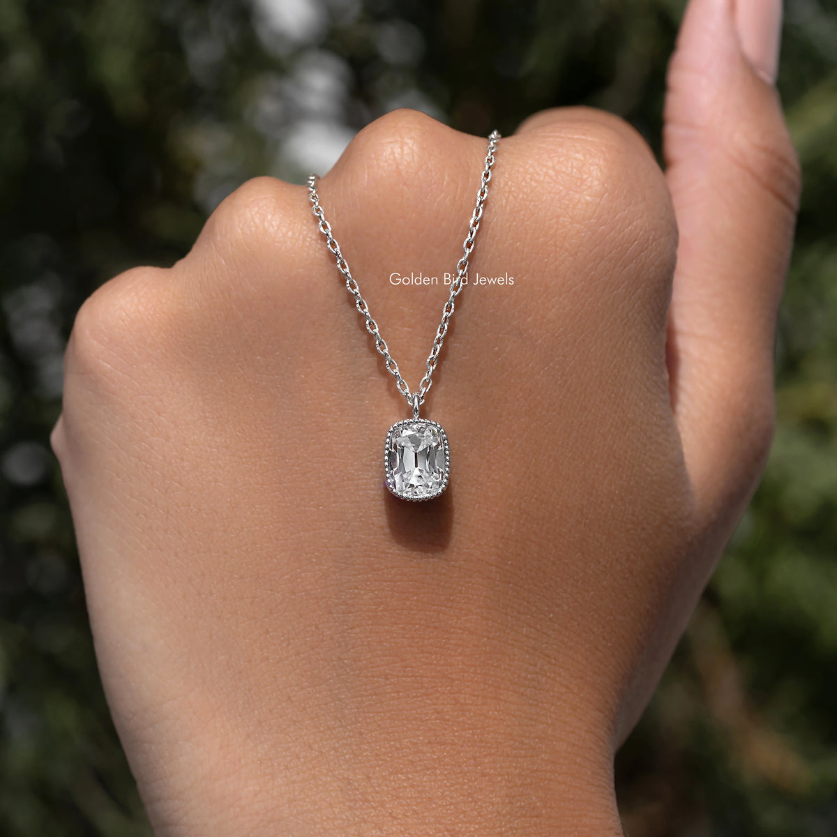 Cushion-cut moissanite solitaire pendant necklace with silver chain