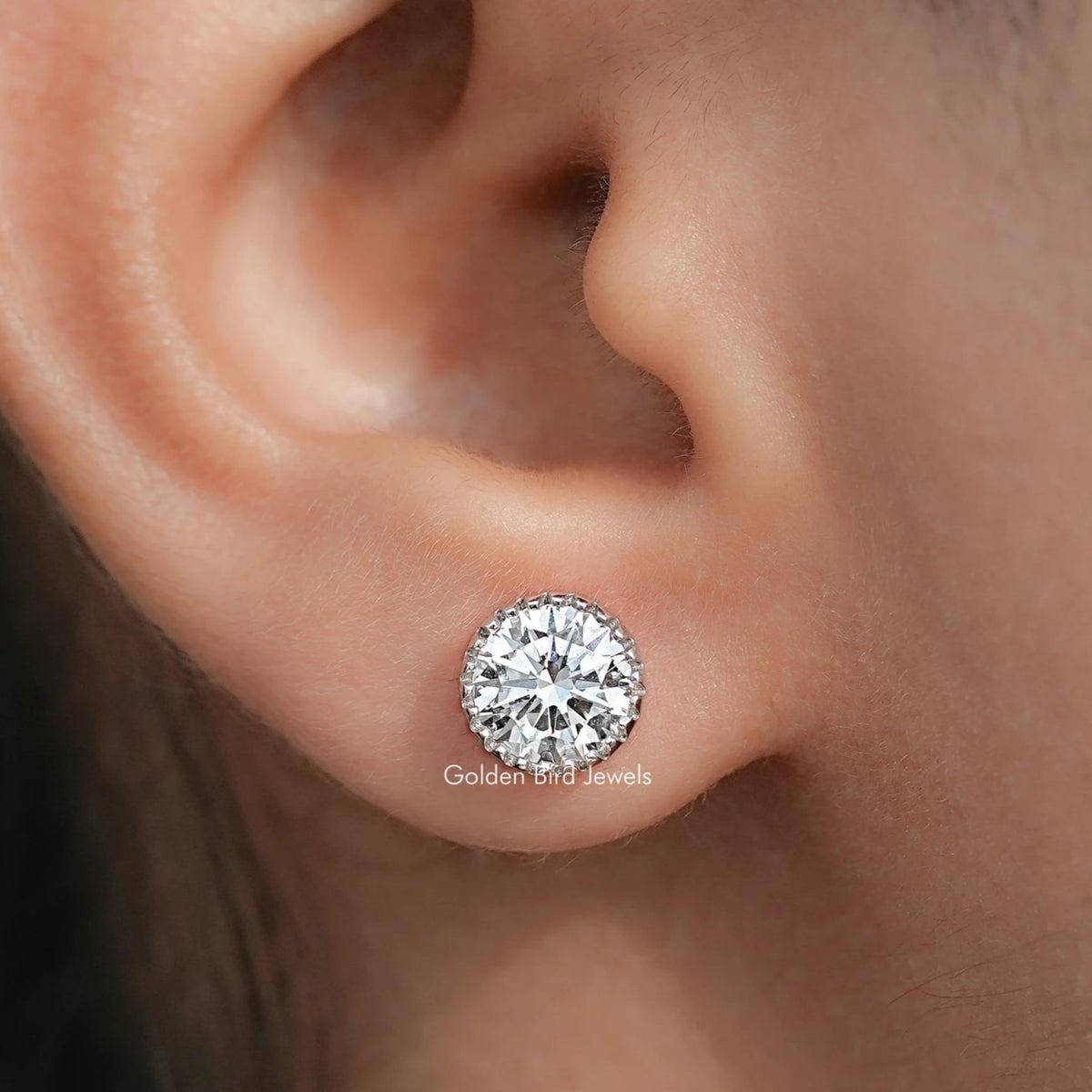 In Ear view of Milgrain Round Cut Lab Diamond Stud Earrings