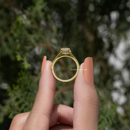 Gold moissanite ring back view with smooth band and openwork under-gallery