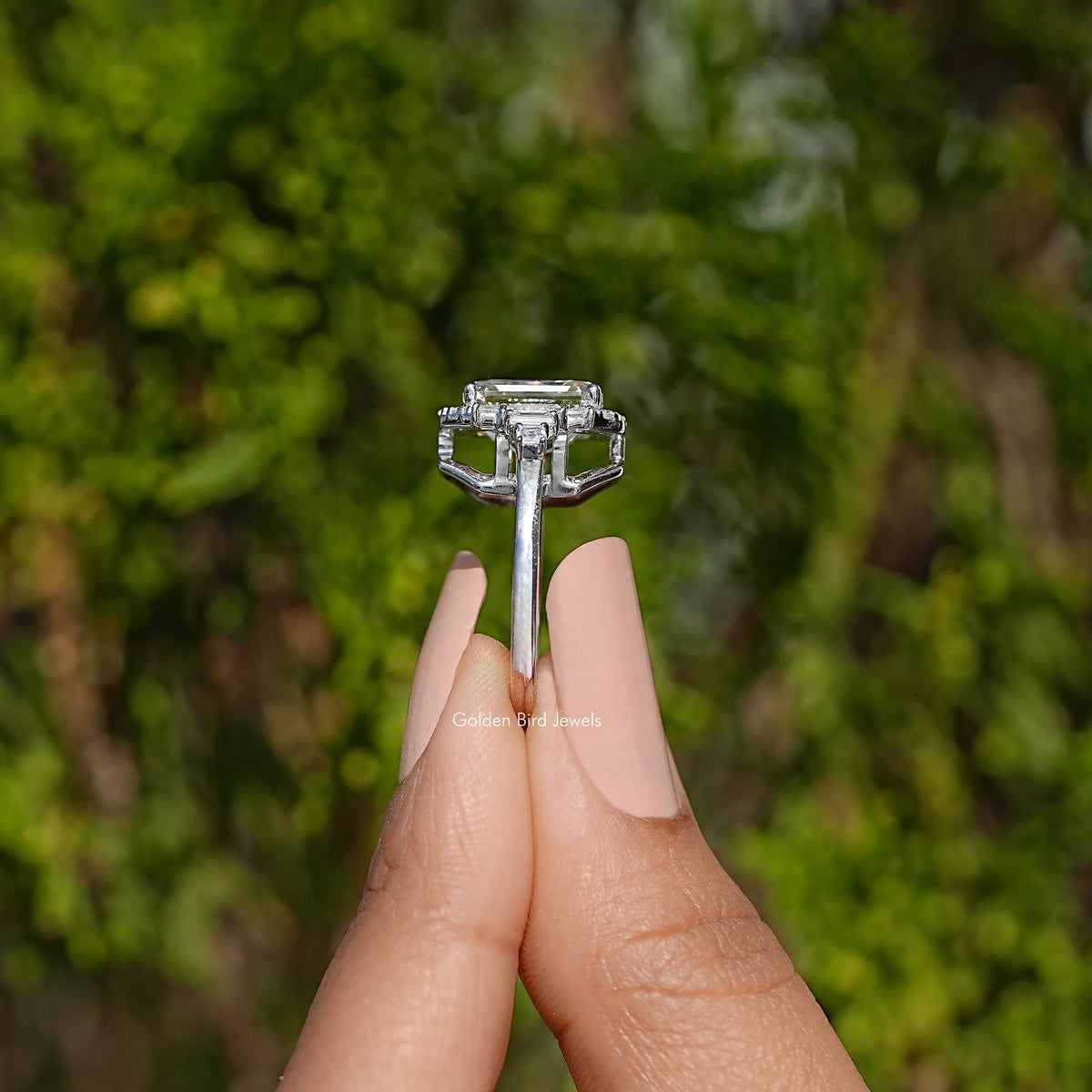 Asscher-cut moissanite halo engagement ring in sterling silver, square prong setting