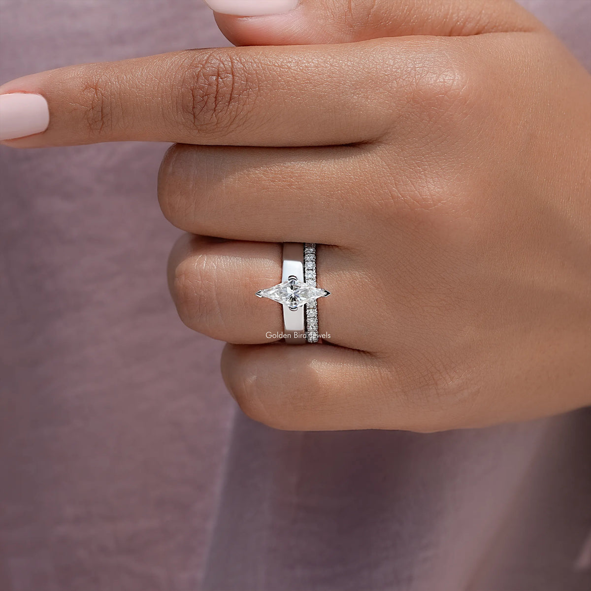 Lozenge Cut Moissanite Solitaire Diamond Bridal Set Ring