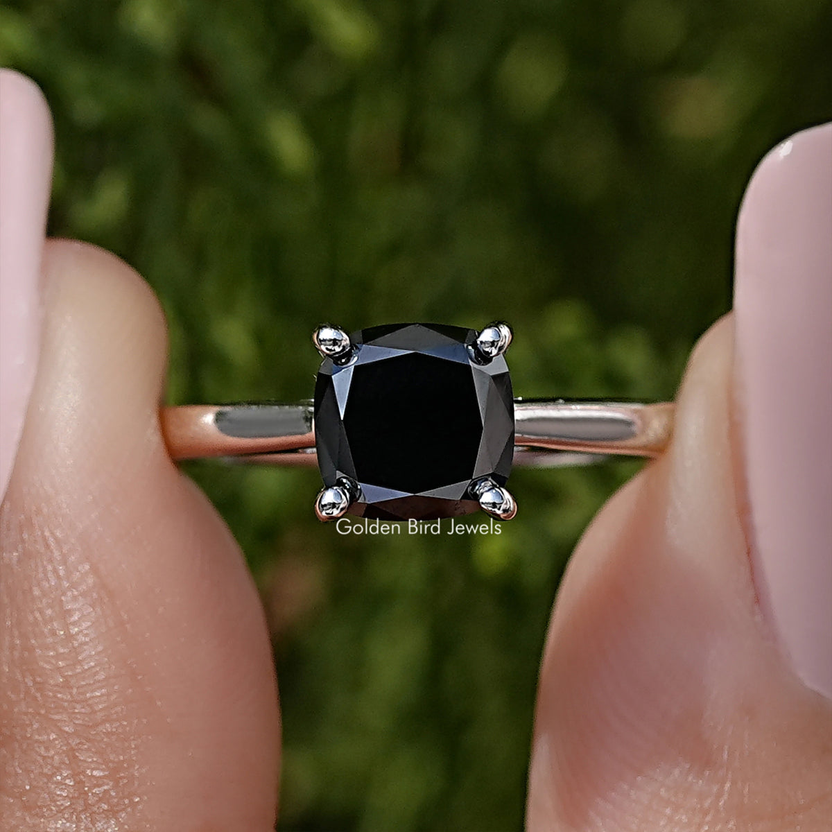 925 sterling silver black cushion moissanite solitaire ring with four corner prongs