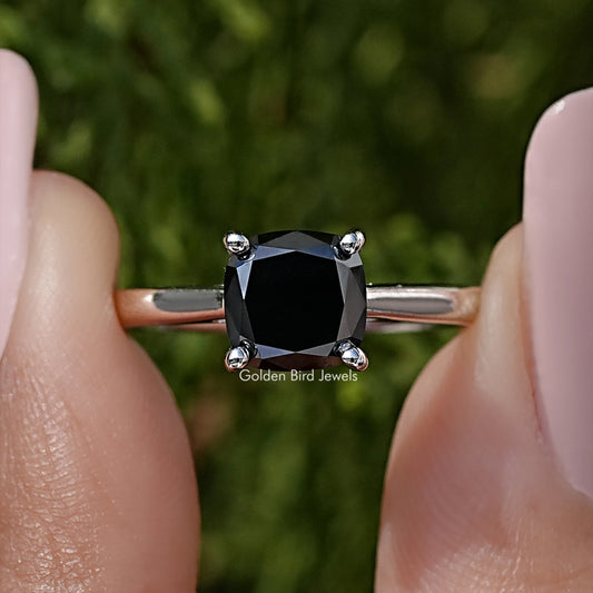 925 sterling silver black cushion moissanite solitaire ring with four corner prongs