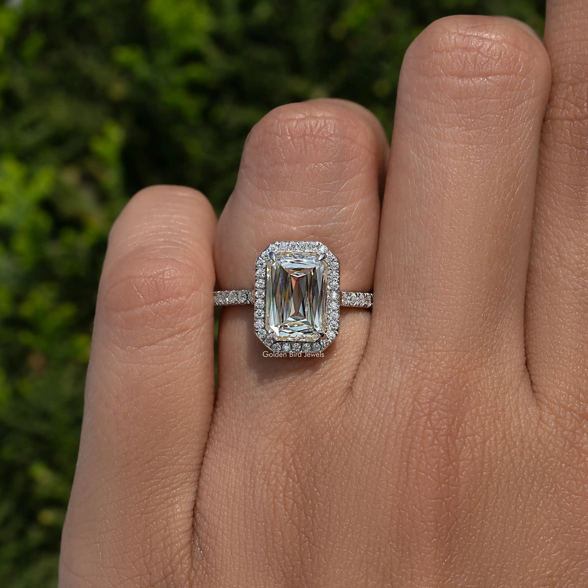 Sterling silver moissanite halo engagement ring, criss-cut band with center stone