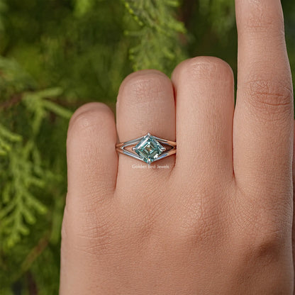 Asscher cut moissanite split shank ring in sterling silver, teal center stone