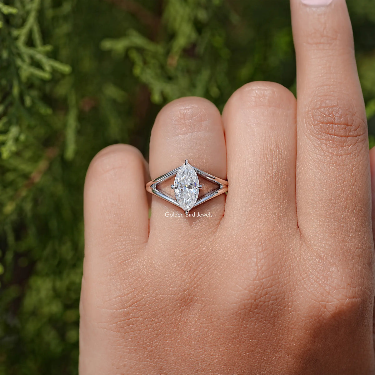 925 sterling silver split-shank wedding ring with marquise center moissanite