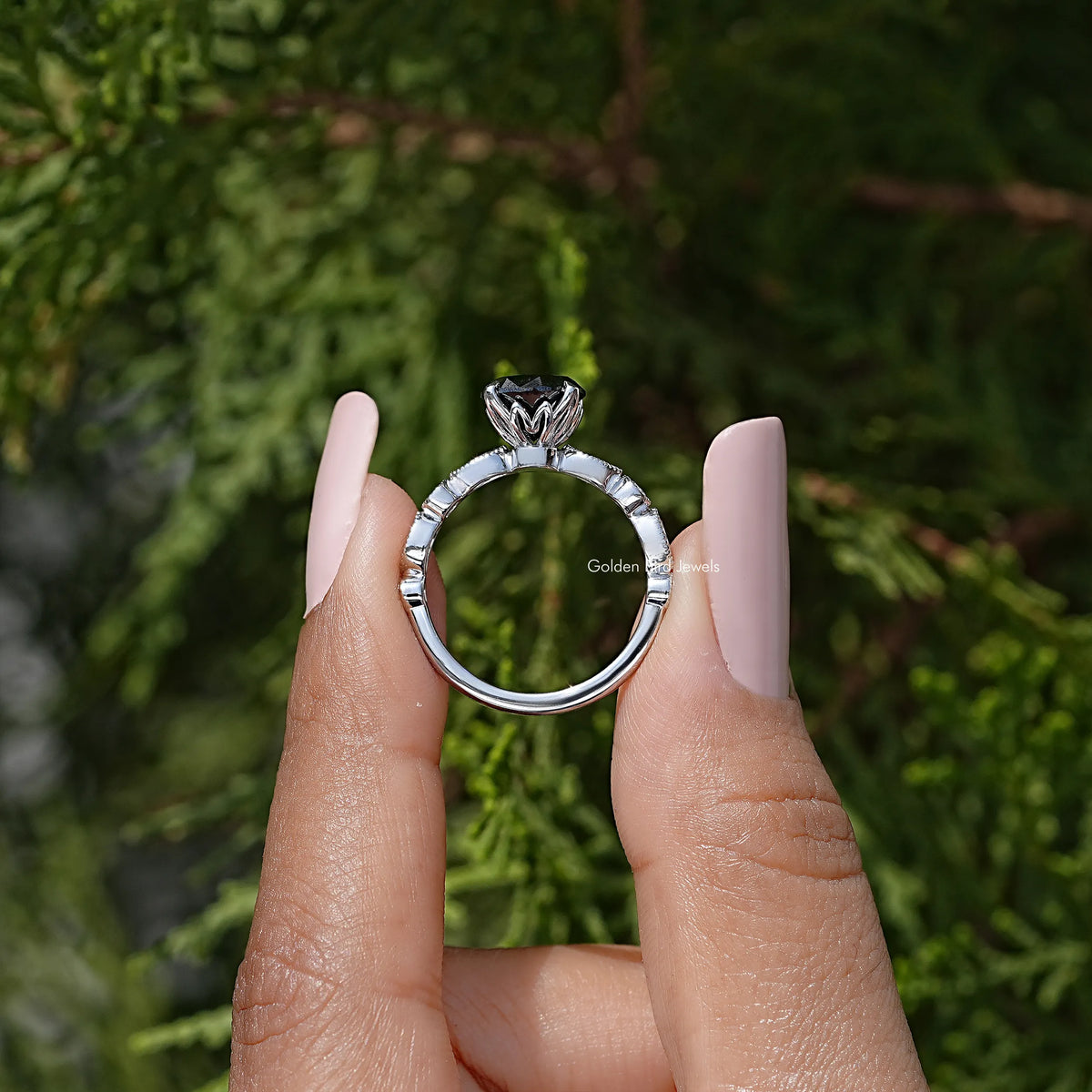 925 sterling silver moissanite engagement ring with round center stone, side view