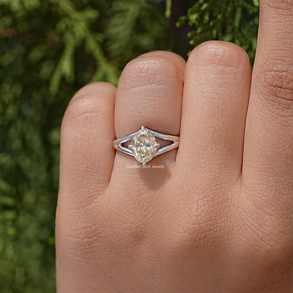 Oval moissanite split-shank engagement ring in 925 sterling silver, side view