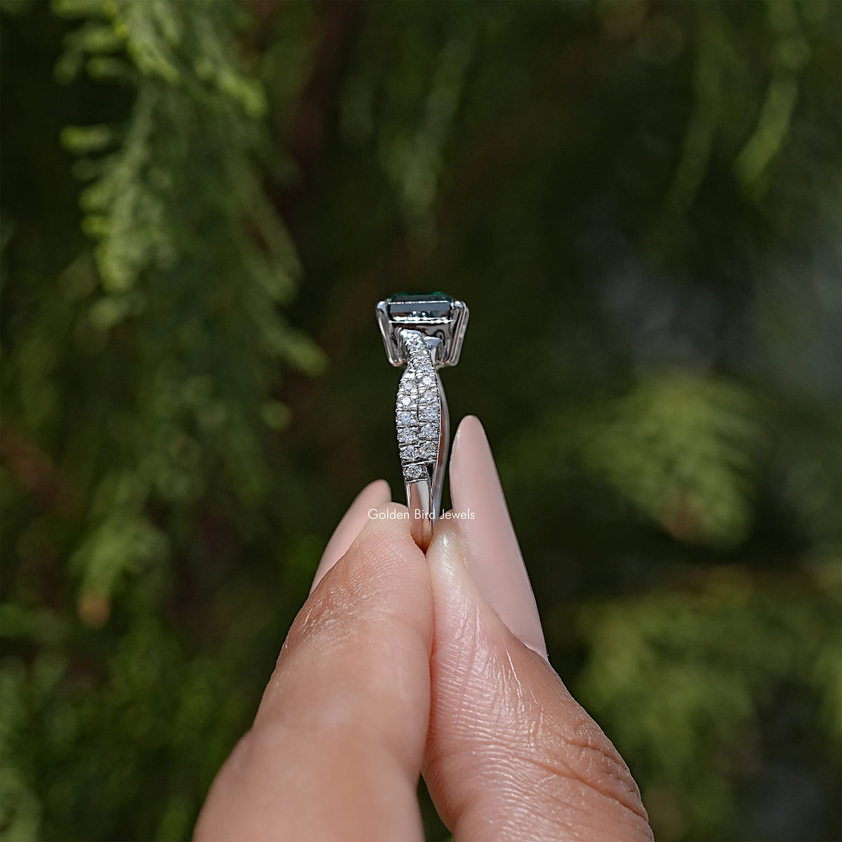 Asscher cut moissanite ring with twisted pavé accent band