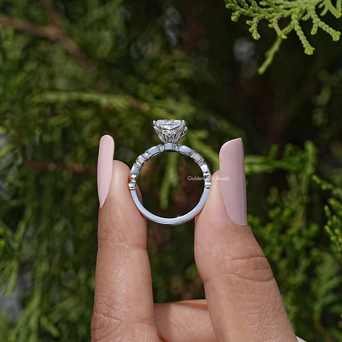 Sterling silver ring reverse view with prong-set princess-cut center stone