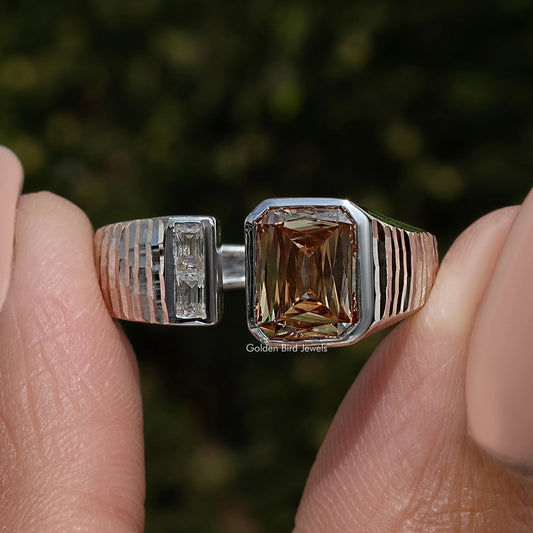 Toi et moi open cuff ring, large square amber center with clear baguette accents
