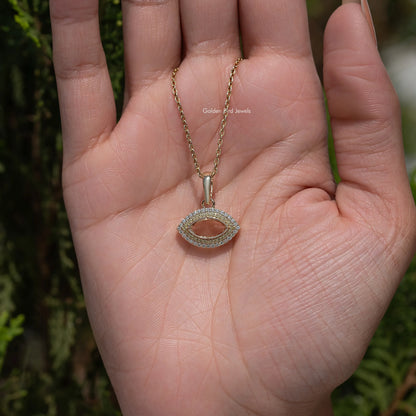 Marquise open pendant on a gold chain with pavé moissanite detail