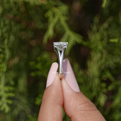 Sterling silver split-shank ring with radiant square moissanite center, side profile