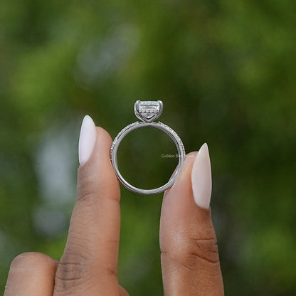 Radiant cut moissanite solitaire ring back view, prong setting on silver band