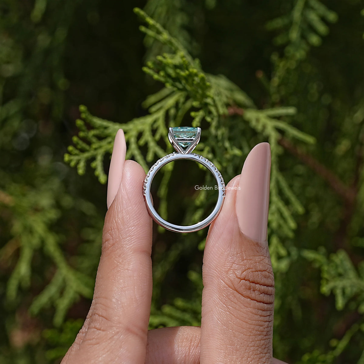 925 sterling silver princess cut moissanite solitaire wedding ring, side view