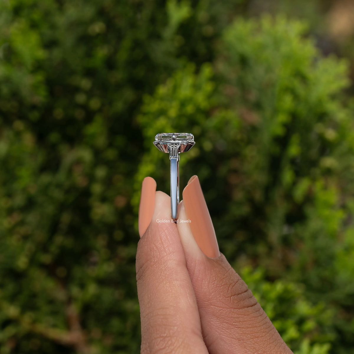 925 sterling silver solitaire ring with radiant-cut moissanite, side profile view