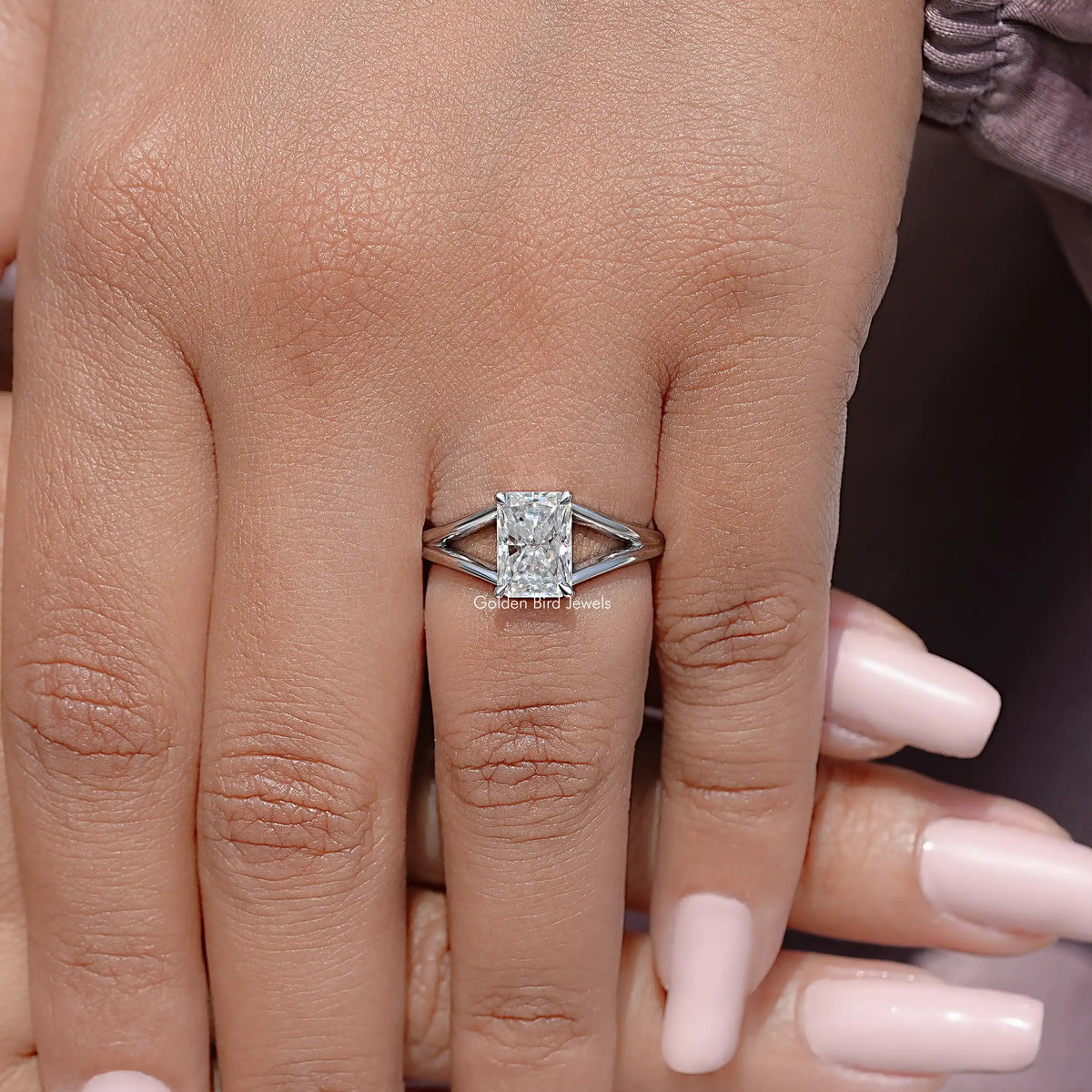 Sterling silver radiant cut moissanite ring, split shank with square center stone