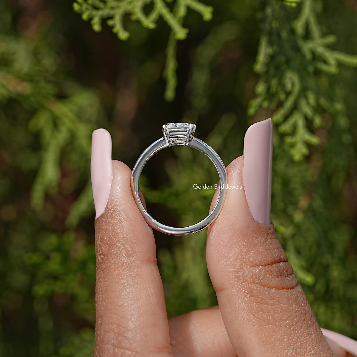 Sterling silver split-shank ring with square radiant moissanite center, full band view