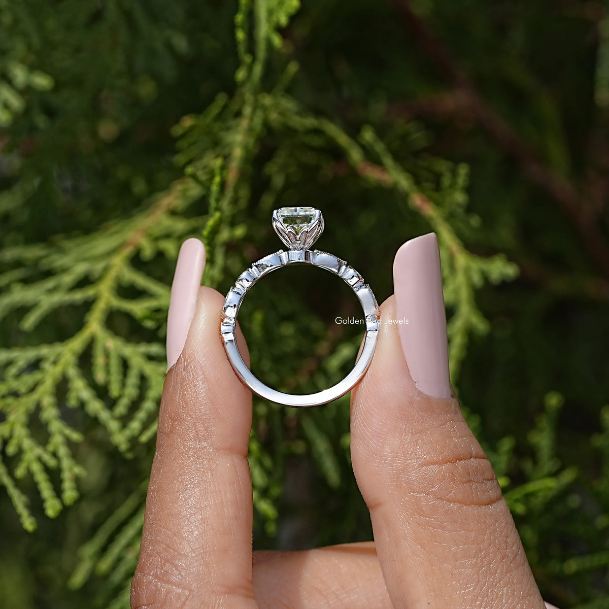 Radiant cut moissanite engagement ring, open band profile with square center stone