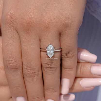 Sterling silver marquise moissanite solitaire engagement ring, front view on hand