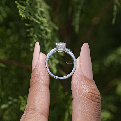Sterling silver wedding ring with square moissanite center on twisted open band