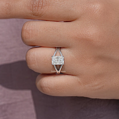 Sterling silver split-shank ring with radiant cut square moissanite center