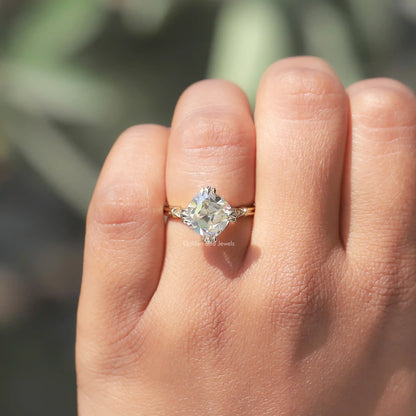 View of Old Mine Cushion Cut Solitaire Ring In Yellow Gold