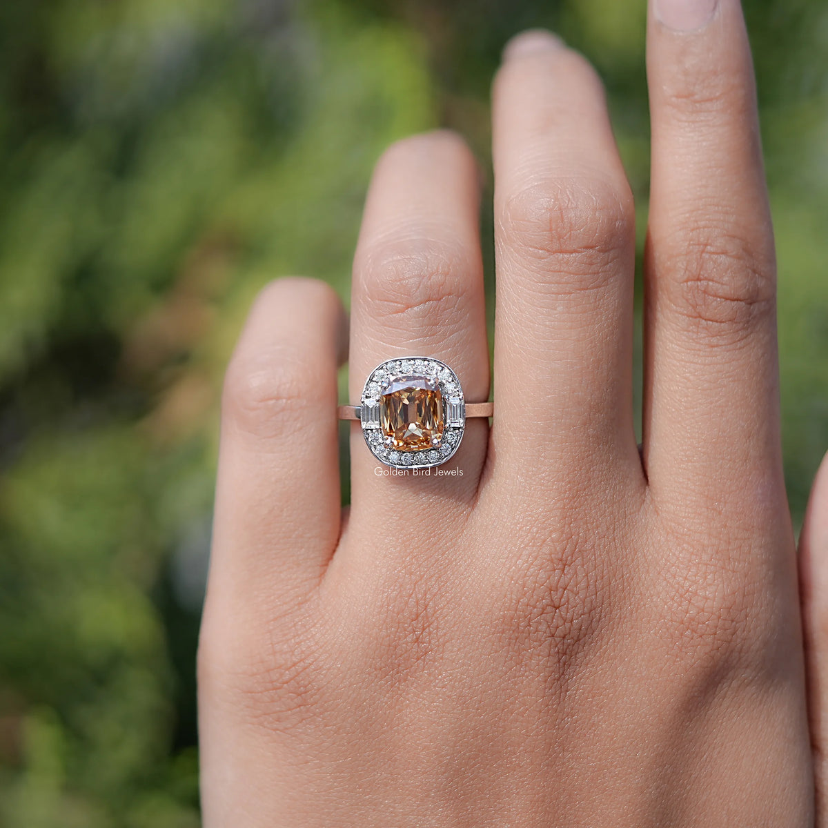 In finger view of Cushion Moissanite Halo Engagement Ring