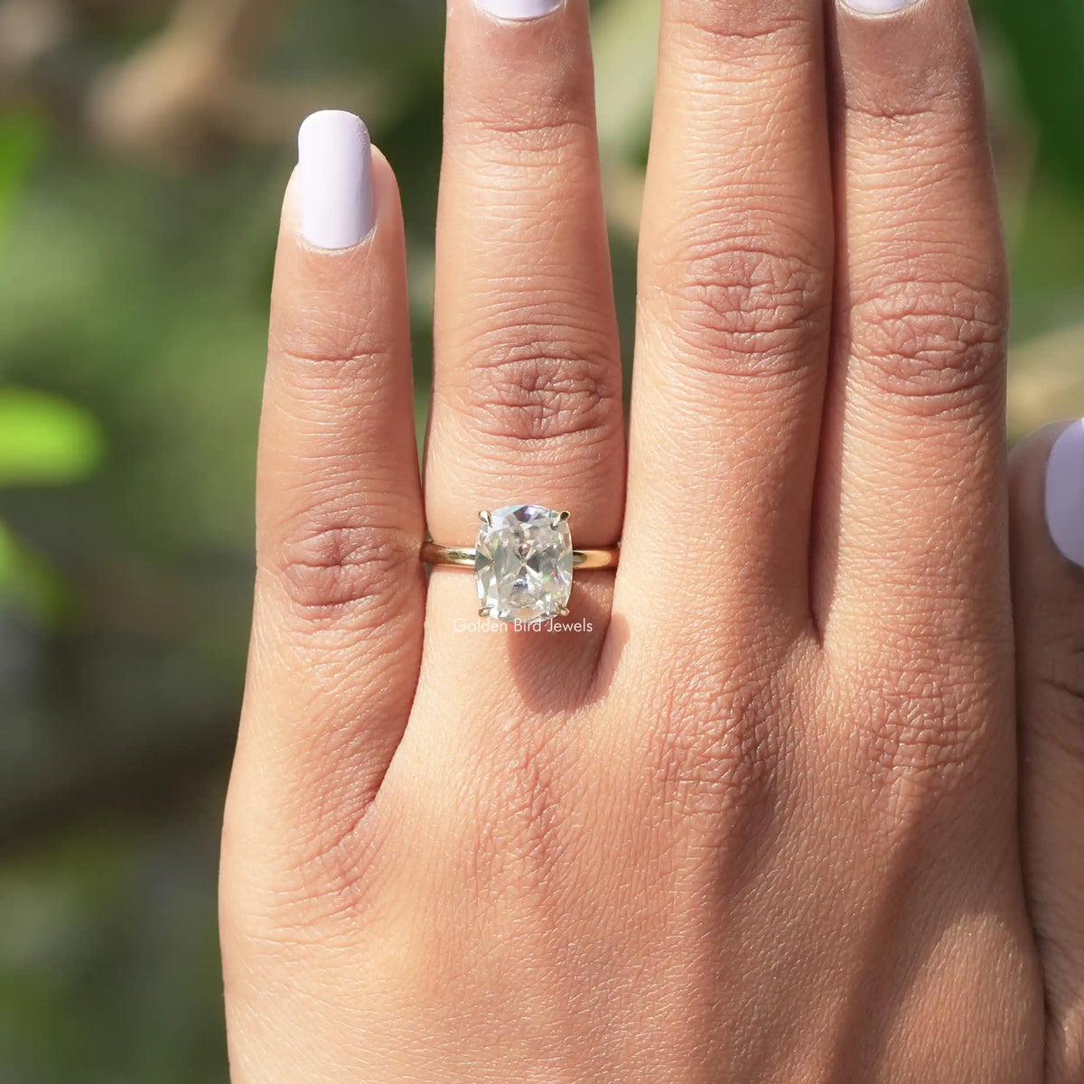 Detailed View Of Old Mine Cushion Cut Moissanite Engagement Ring In Yellow Gold